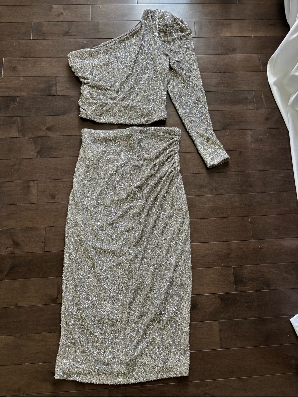 Express Silver Sequin One-Shoulder Two-Piece Dress